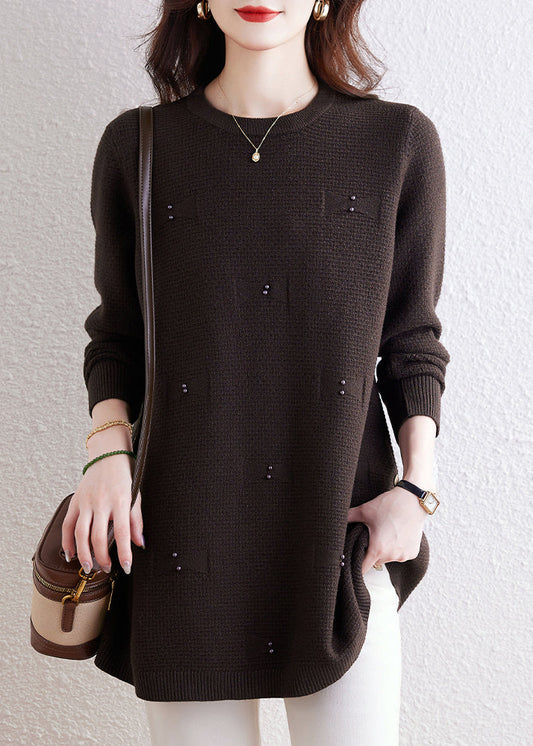 Natural Coffee O-neck Nail Bead Cotton Knit Sweaters Winter Te033