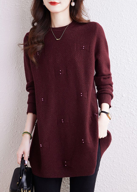 Natural Coffee O-neck Nail Bead Cotton Knit Sweaters Winter Te033