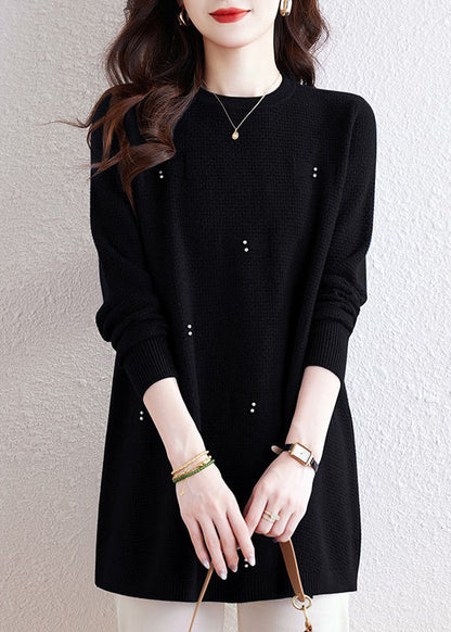 Natural Coffee O-neck Nail Bead Cotton Knit Sweaters Winter Te033