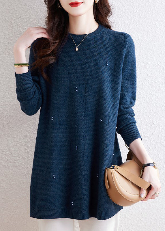 Natural Coffee O-neck Nail Bead Cotton Knit Sweaters Winter Te033