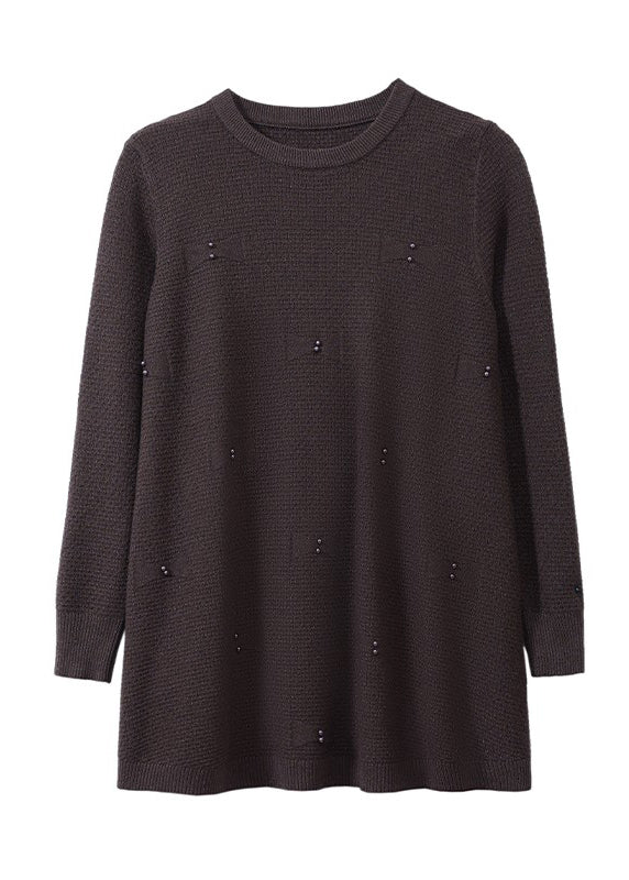 Natural Coffee O-neck Nail Bead Cotton Knit Sweaters Winter Te033