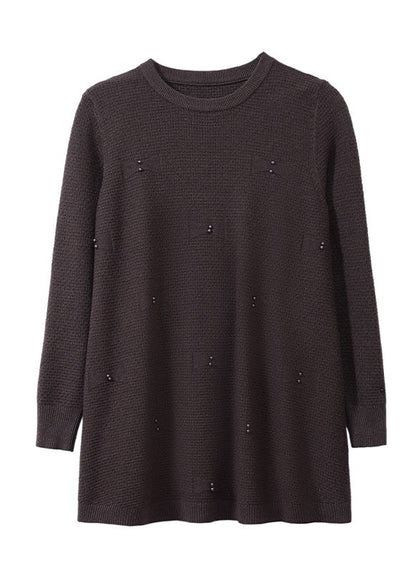 Natural Coffee O-neck Nail Bead Cotton Knit Sweaters Winter Te033