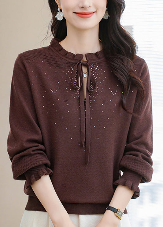 Natural Coffee Ruffled Tie Lace Thick Cotton Knit Sweater Puff Sleeve Te030