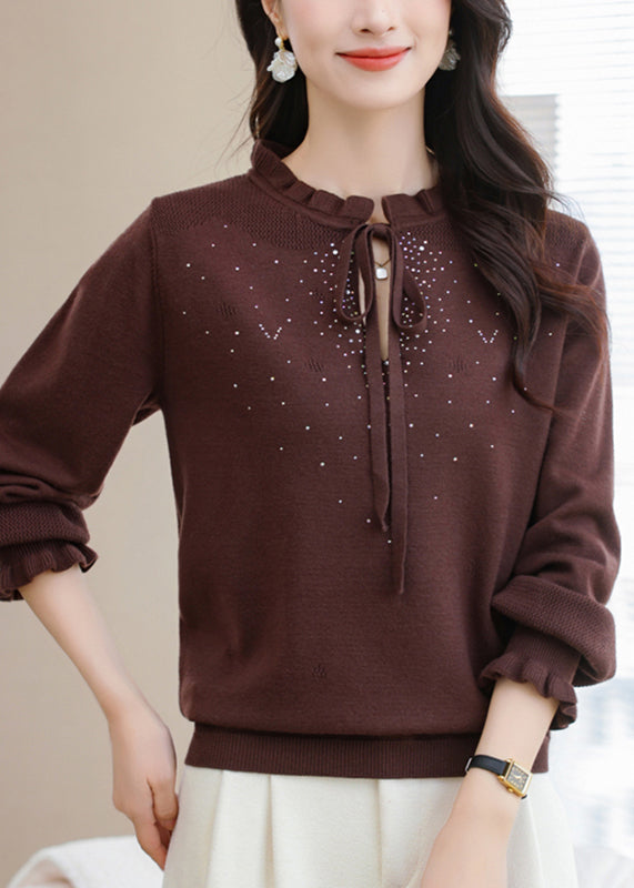 Natural Coffee Ruffled Tie Lace Thick Cotton Knit Sweater Puff Sleeve Te030