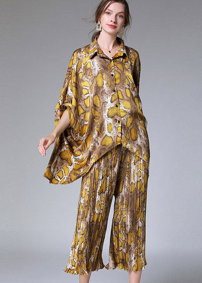 Natural Colorblock Peter Pan Collar Print Tops and Pants Chiffon Two Pieces Set Summer Ly0024