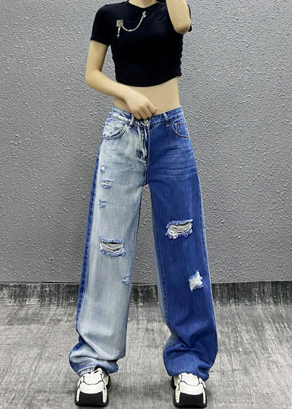 Natural Colorblock Pockets Ripped Denim Straight Pants Fall Ri004