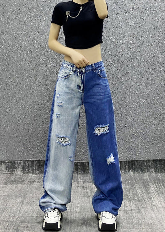 Natural Colorblock Pockets Ripped Denim Straight Pants Fall Ri004