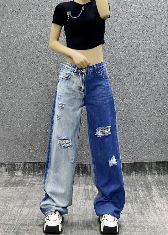 Natural Colorblock Pockets Ripped Denim Straight Pants Fall Ri004