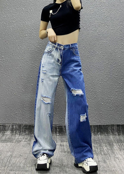 Natural Colorblock Pockets Ripped Denim Straight Pants Fall Ri004