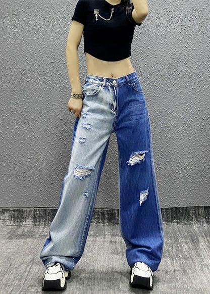 Natural Colorblock Pockets Ripped Denim Straight Pants Fall Ri004