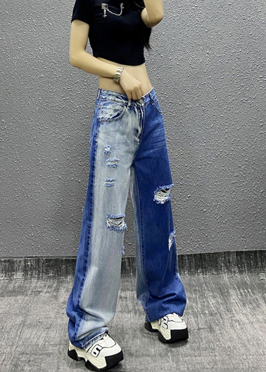 Natural Colorblock Pockets Ripped Denim Straight Pants Fall Ri004