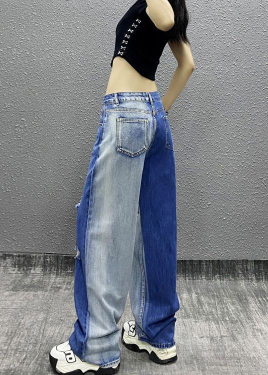 Natural Colorblock Pockets Ripped Denim Straight Pants Fall Ri004