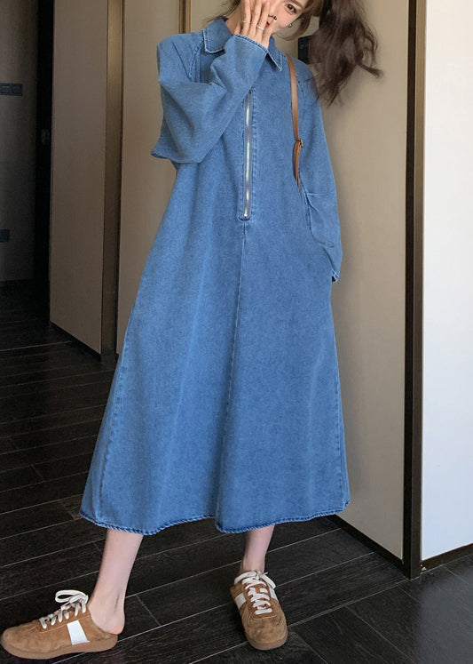 Natural Denim Blue Peter Pan Collar Zippered Patchwork Long Dress Fall Wz025