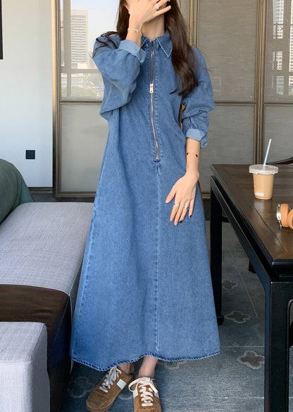 Natural Denim Blue Peter Pan Collar Zippered Patchwork Long Dress Fall Wz025