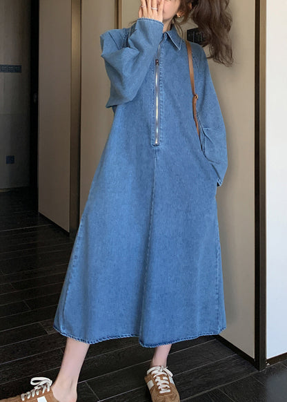 Natural Denim Blue Peter Pan Collar Zippered Patchwork Long Dress Fall Wz025