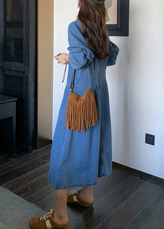 Natural Denim Blue Peter Pan Collar Zippered Patchwork Long Dress Fall Wz025