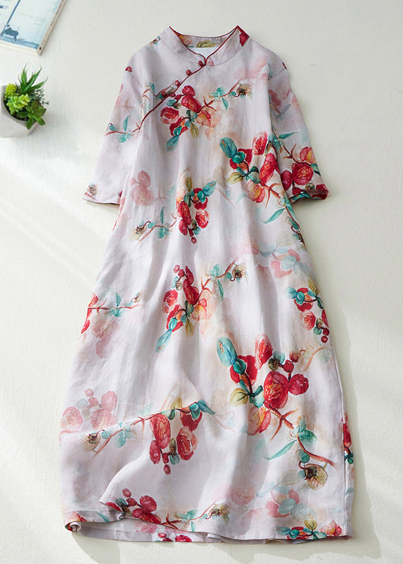 Natural Green Stand Collar Print Button Long Dress Short Sleeve Vv082