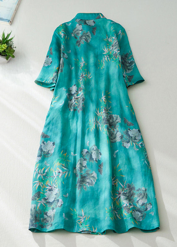 Natural Green Stand Collar Print Button Long Dress Short Sleeve Vv082