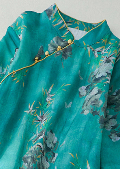 Natural Green Stand Collar Print Button Long Dress Short Sleeve Vv082