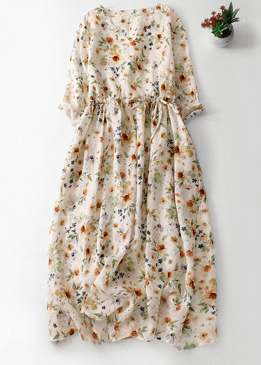 Natural Green V Neck Print Drawstring Cotton Long Dresses Summer Am1067