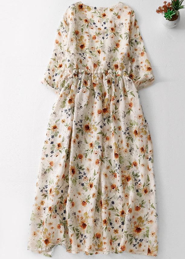Natural Green V Neck Print Drawstring Cotton Long Dresses Summer Am1067