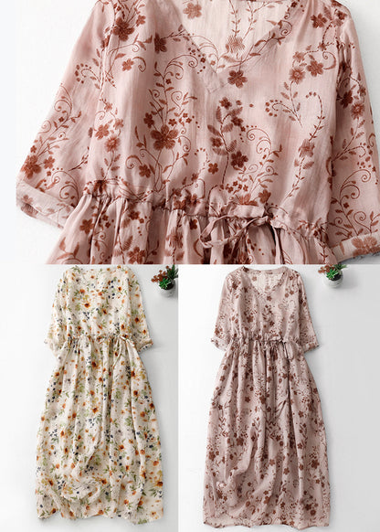 Pink Print Cotton Long Dress V Neck Drawstring Summer Am1068