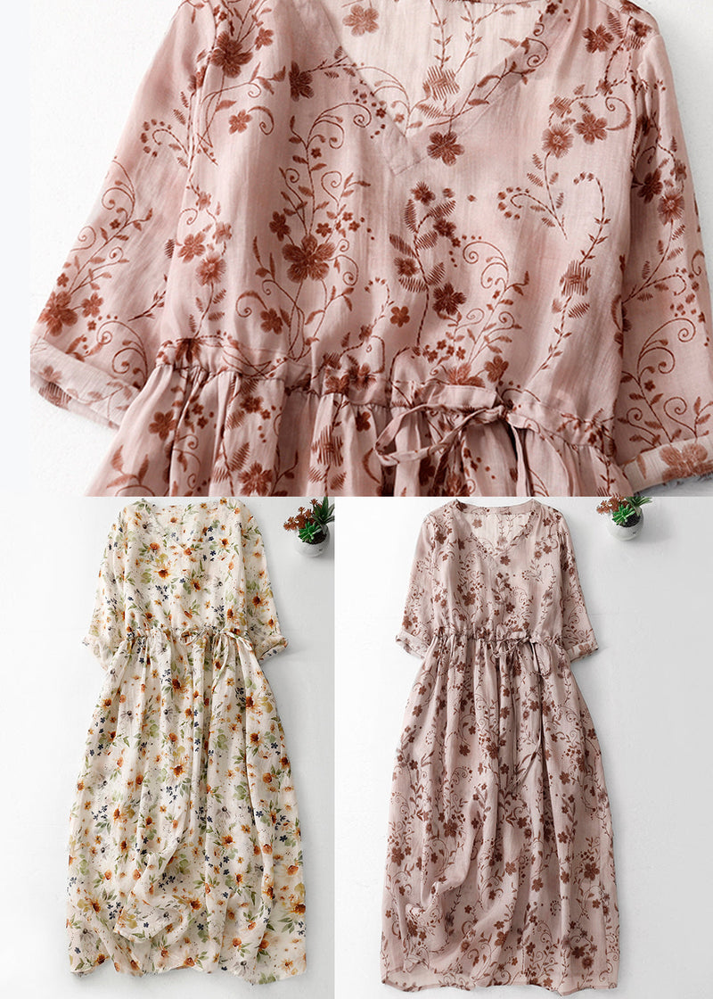 Pink Print Cotton Long Dress V Neck Drawstring Summer Am1068