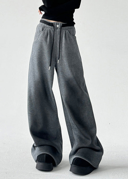 Natural Grey High Waist Patchwork Wide Leg Pants Spring Ta062
