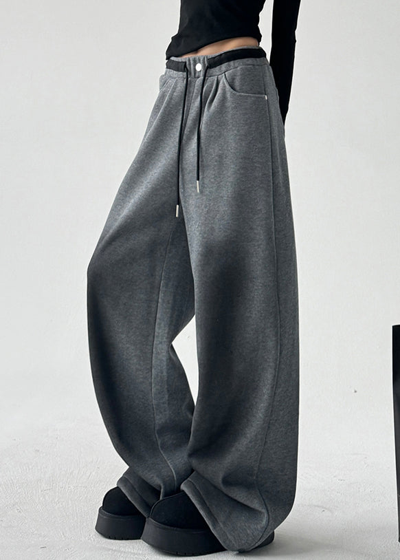 Natural Grey High Waist Patchwork Wide Leg Pants Spring Ta062
