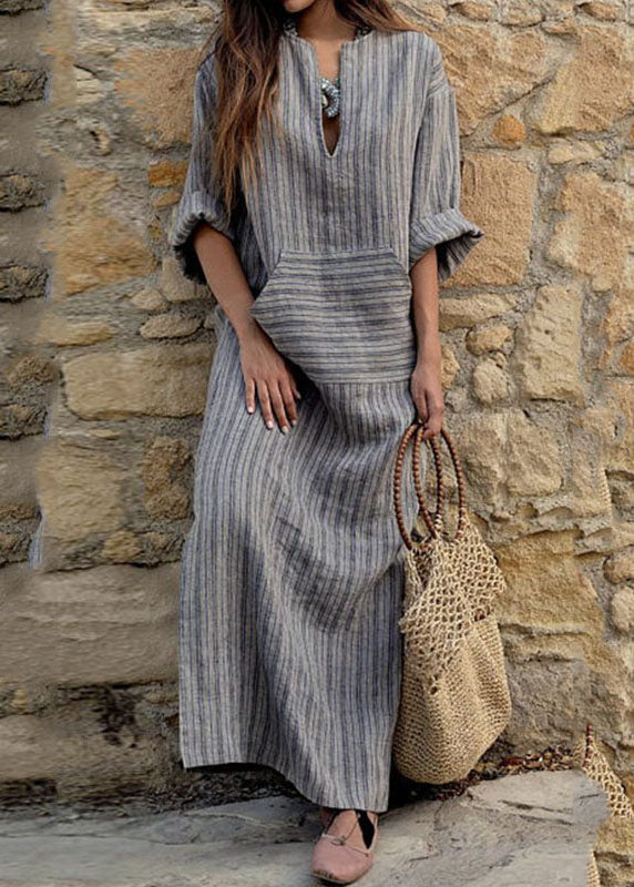 Natural Grey O-neck Striped Patchwork Long Dresses Spring Vb1089