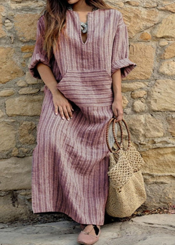Natural Grey O-neck Striped Patchwork Long Dresses Spring Vb1089