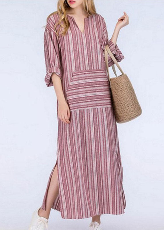 Natural Grey O-neck Striped Patchwork Long Dresses Spring Vb1089