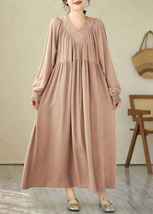 Natural Khaki Patchwork Wrinkled Maxi Dresses Spring Vb1008