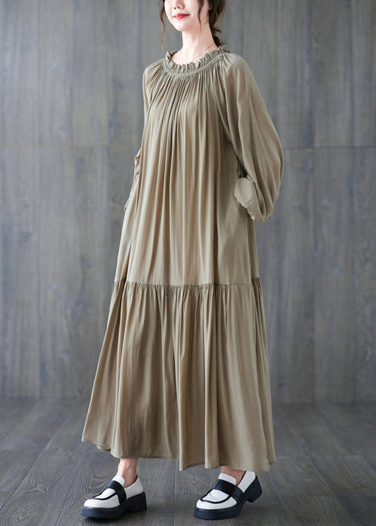 Natural Khaki Wrinkled Drawstring Chiffon Long Dress Long Sleeve Gh1020