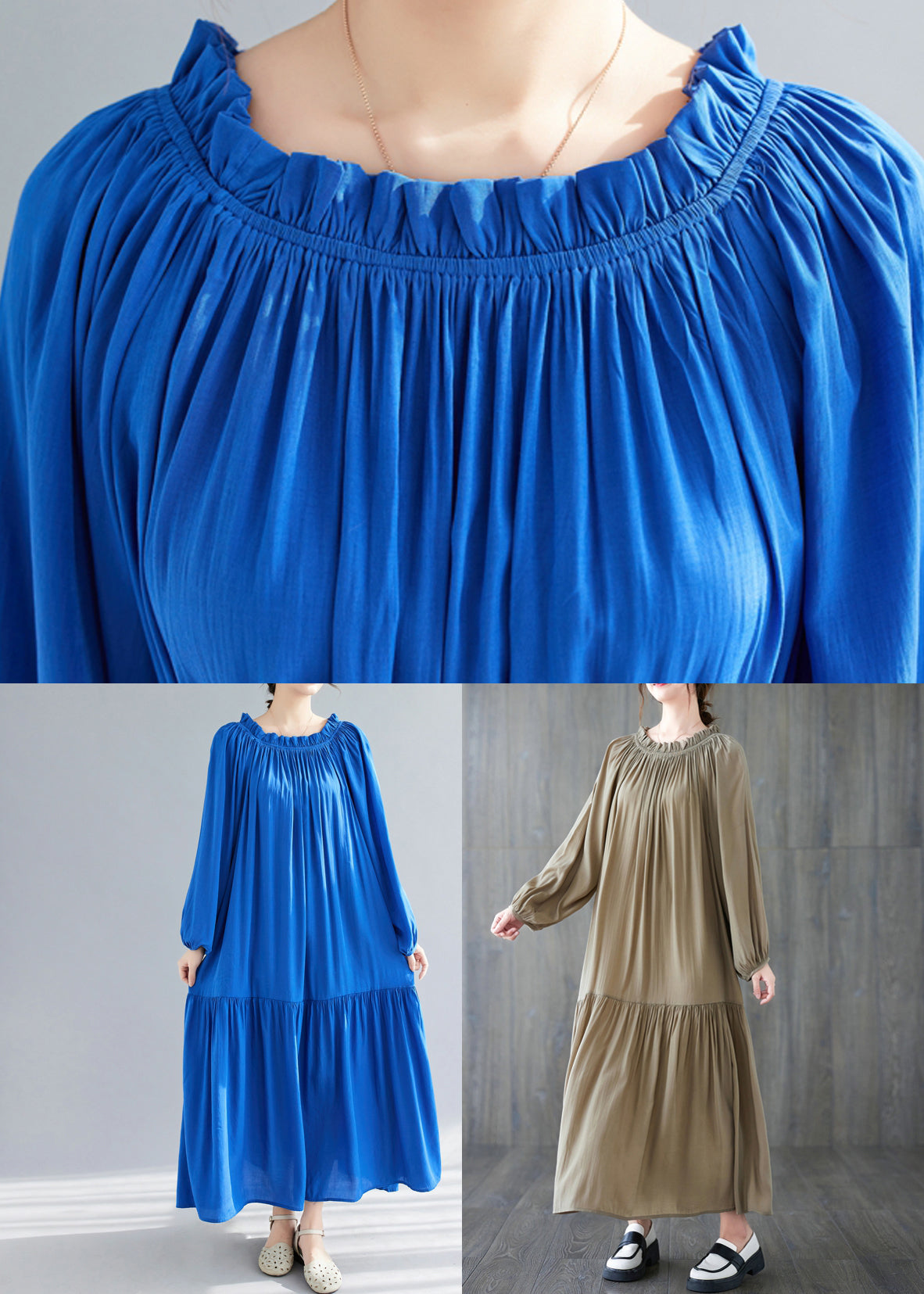 Natural Khaki Wrinkled Drawstring Chiffon Long Dress Long Sleeve Gh1020