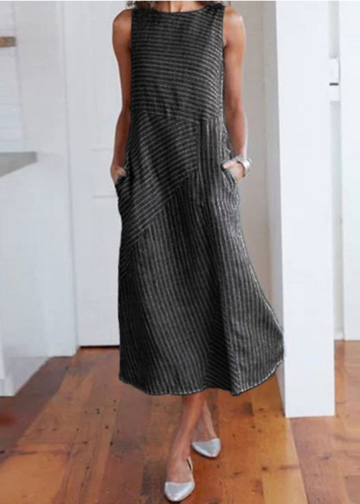 Natural Light Blue O Neck Striped Cotton Long Dresses Sleeveless Tl042