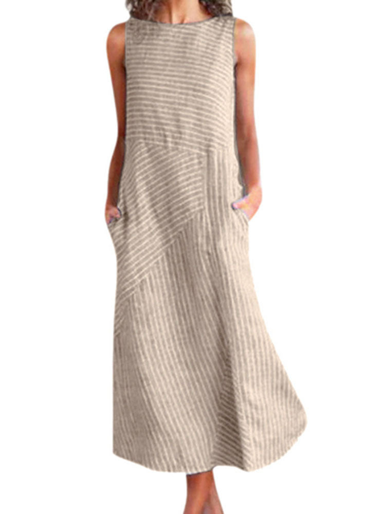 Natural Light Blue O Neck Striped Cotton Long Dresses Sleeveless Tl042