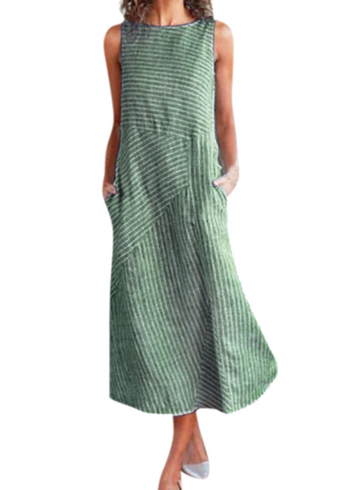 Natural Light Blue O Neck Striped Cotton Long Dresses Sleeveless Tl042