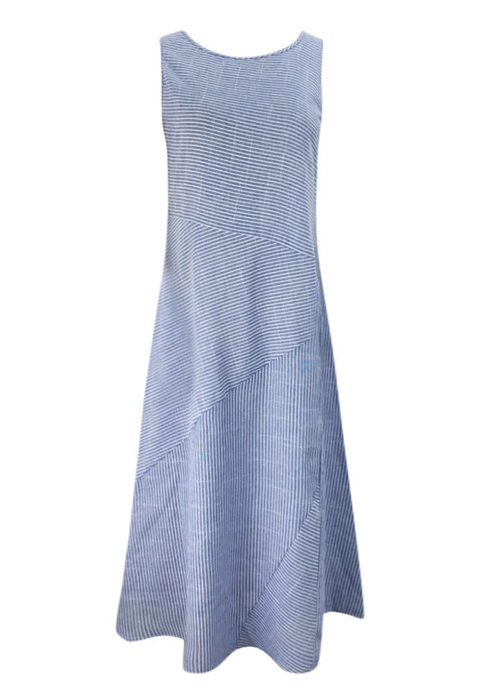 Natural Light Blue O Neck Striped Cotton Long Dresses Sleeveless Tl042