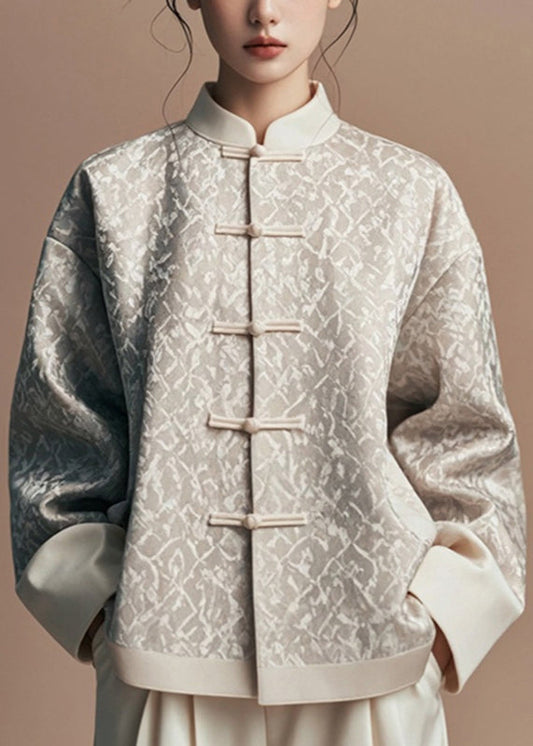 Natural Light Grey Stand Collar Print Coats Fall Ag1047