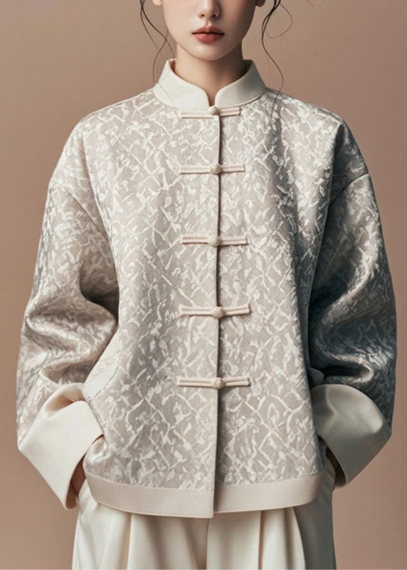 Natural Light Grey Stand Collar Print Coats Fall Ag1047