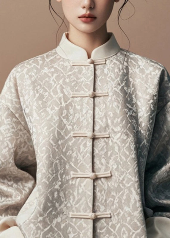 Natural Light Grey Stand Collar Print Coats Fall Ag1047