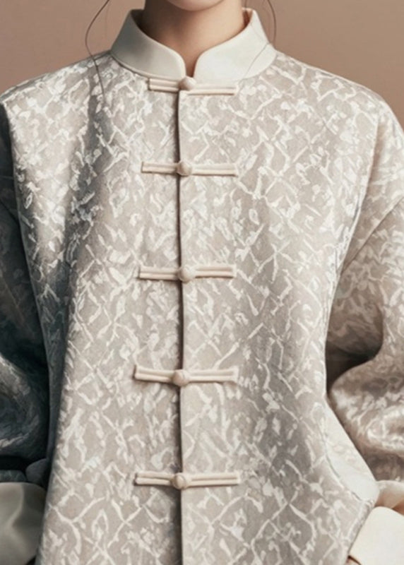 Natural Light Grey Stand Collar Print Coats Fall Ag1047
