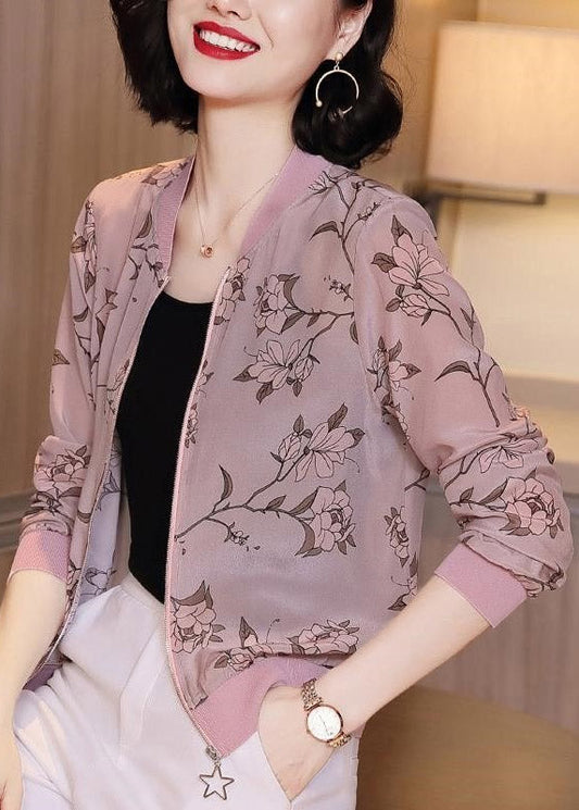 Natural Light Purple Zippered Print Chiffon Coats Summer Ti1026