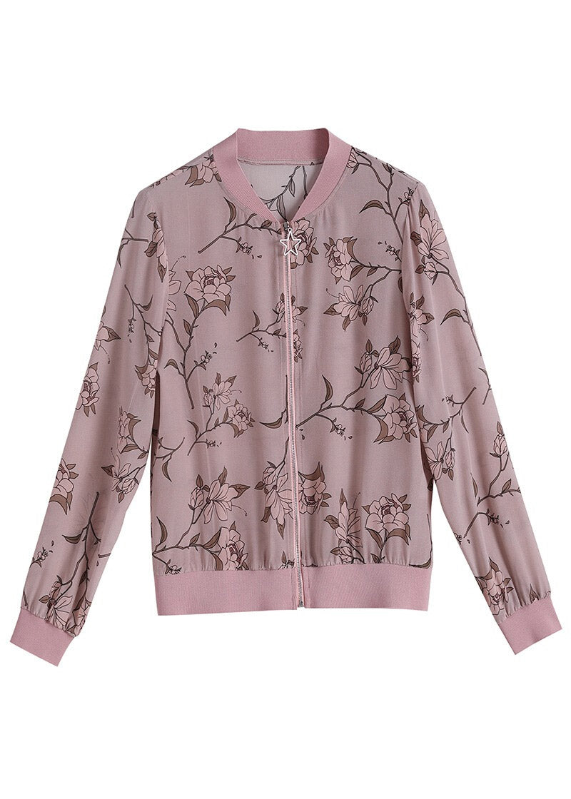 Natural Light Purple Zippered Print Chiffon Coats Summer Ti1026