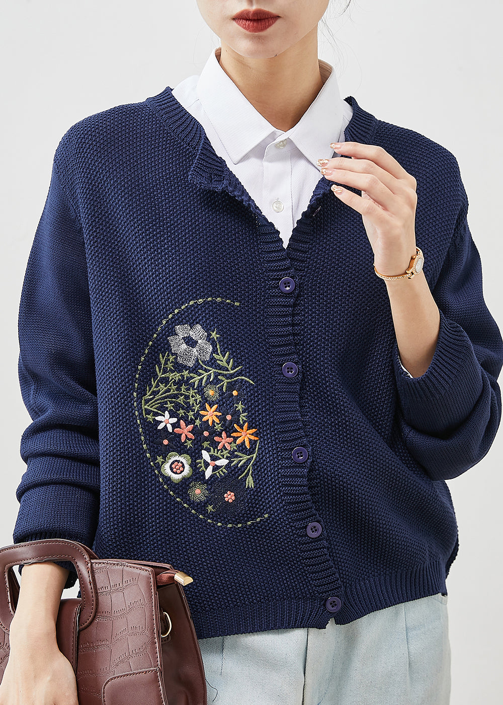 Natural Navy Embroidered Knit Loose Coat Spring Yu1043