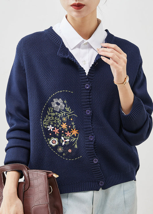 Natural Navy Embroidered Knit Loose Coat Spring Yu1043