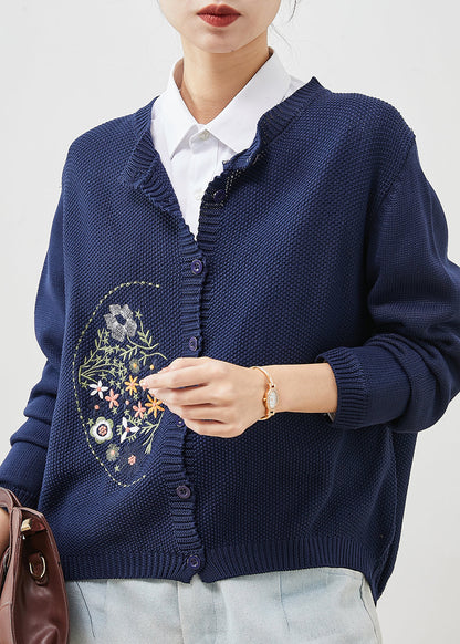 Natural Navy Embroidered Knit Loose Coat Spring Yu1043