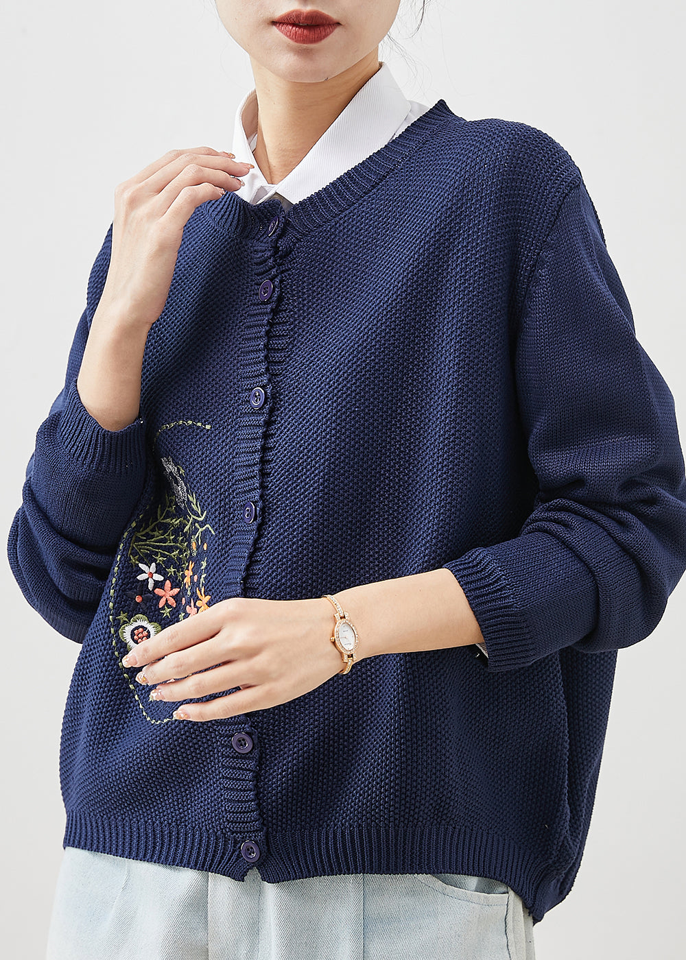 Natural Navy Embroidered Knit Loose Coat Spring Yu1043