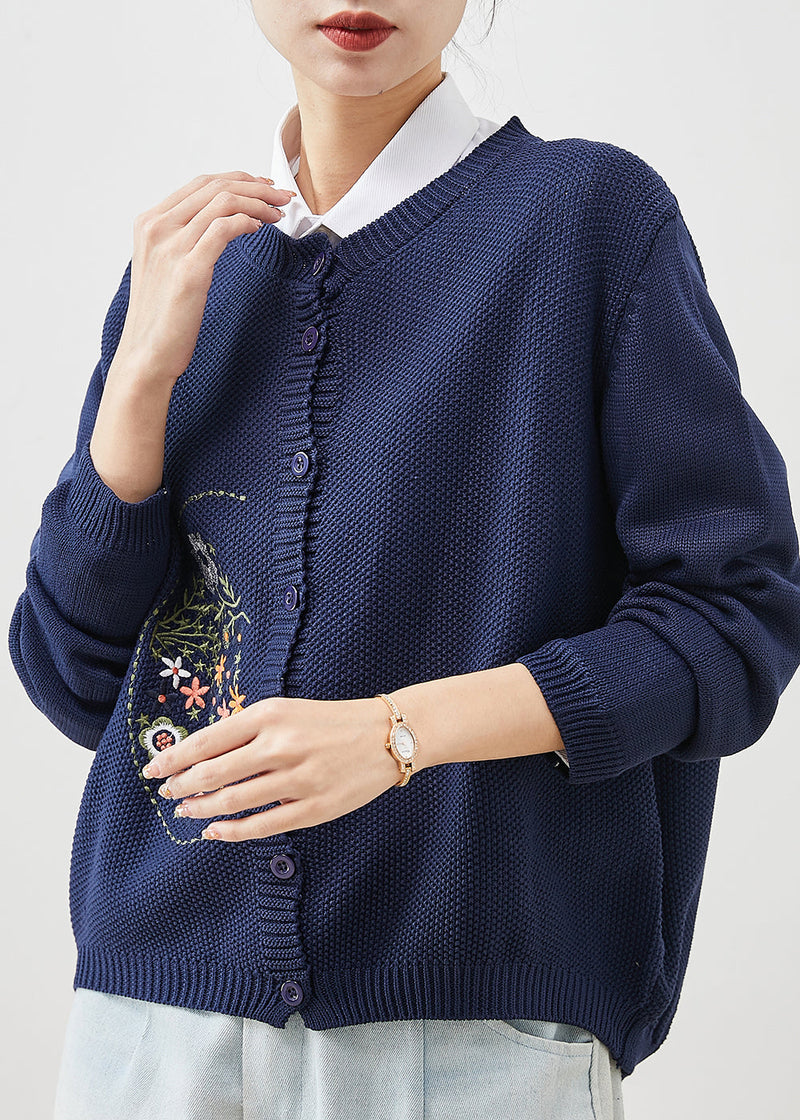 Natural Navy Embroidered Knit Loose Coat Spring Yu1043